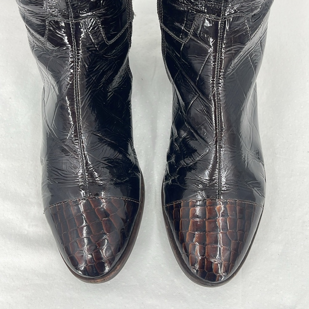 Alex Marie WOMENS SIZE 9 Black BOOT BROWN TOE SHINY FAUX CROCODILE, PATTEN - Picture 6 of 10